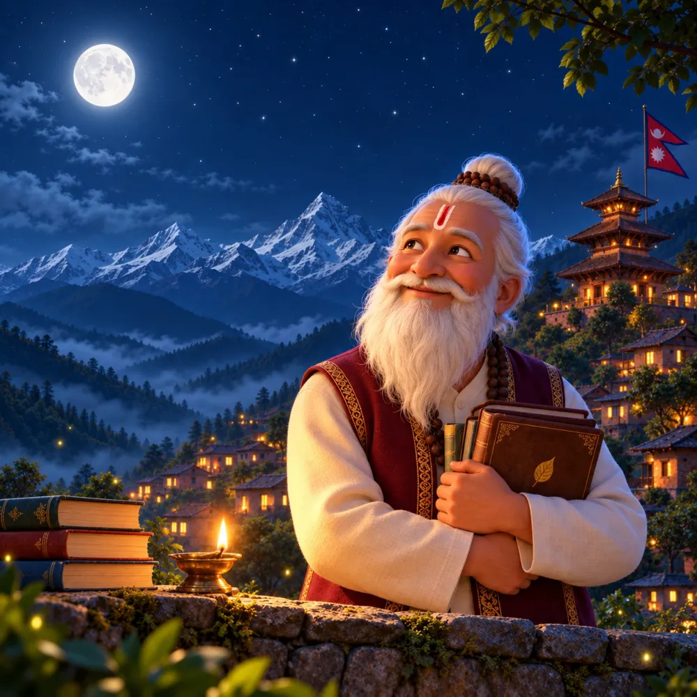 Gurubaa, GyanMul's AI study mentor, on a moonlit terrace above the Himalaya