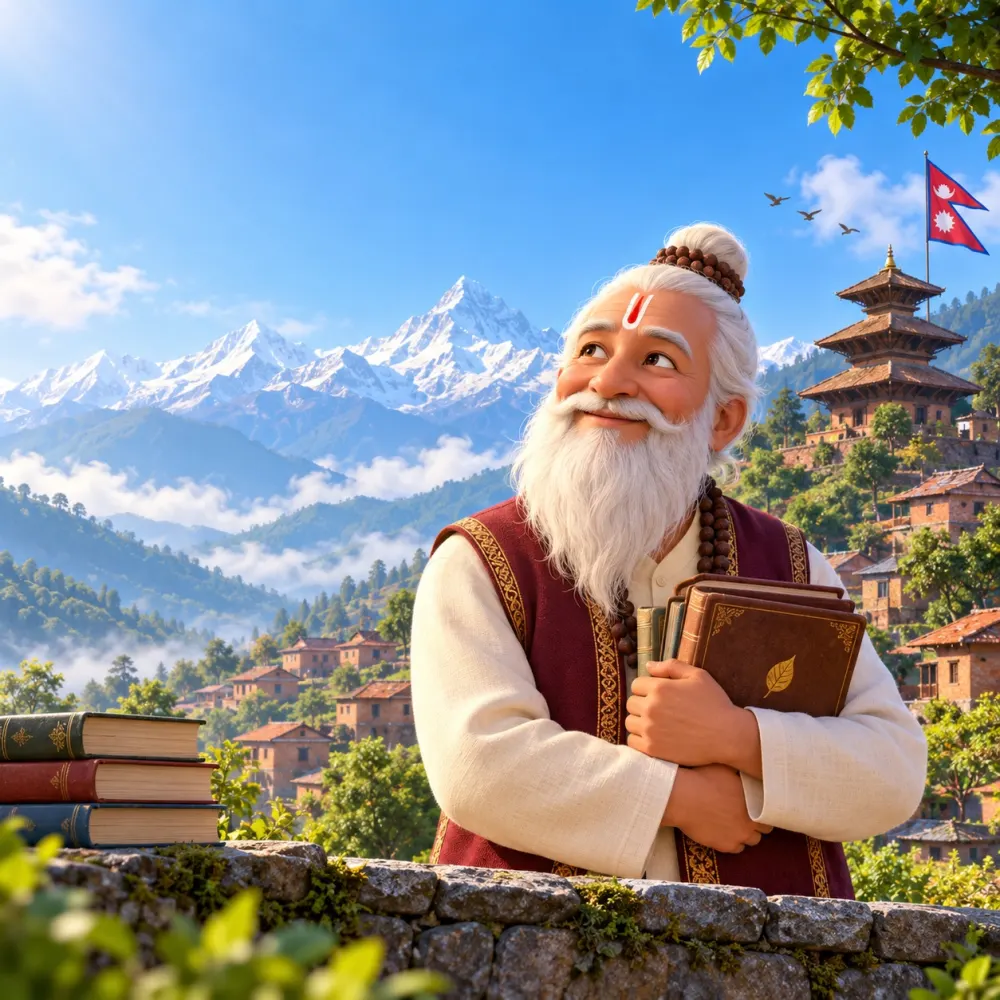 Gurubaa, GyanMul's AI study mentor, holding a book on a terrace above the Himalaya