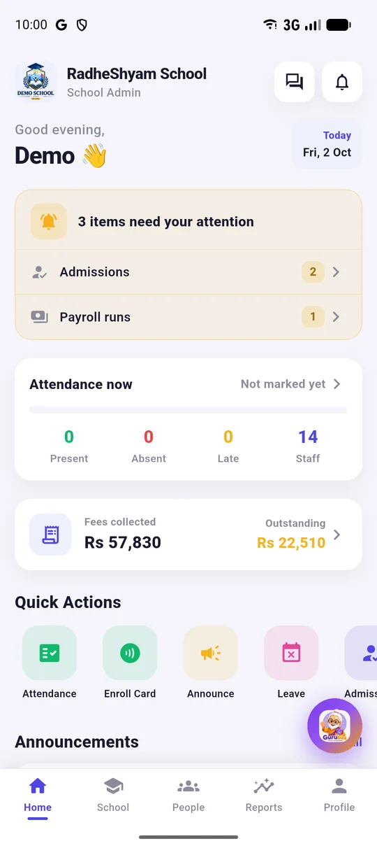 GyanMul for School Admin on a phone, light mode